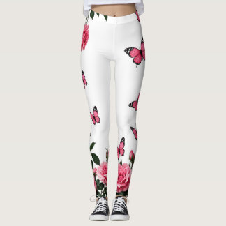 Rosa rosor och fjärilar Vita blomsterleggings Leggings