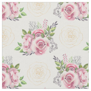 Rosa rosor och gyllene blommor akvarell tyg