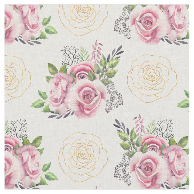 Rosa rosor och gyllene blommor akvarell tyg (Närbild)
