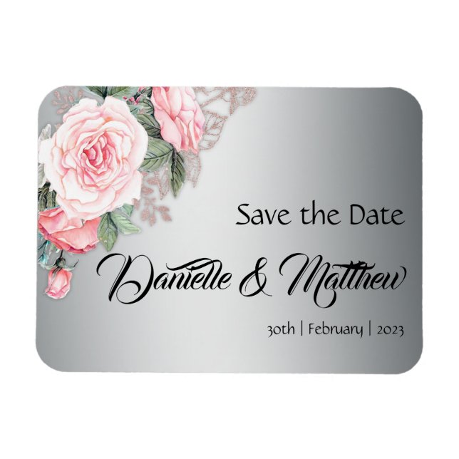 Rosa rosor och metalliskt silver Save the Date Magnet (Horisontell)