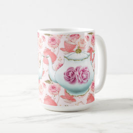 Rosa rosor och tekannor kaffemugg