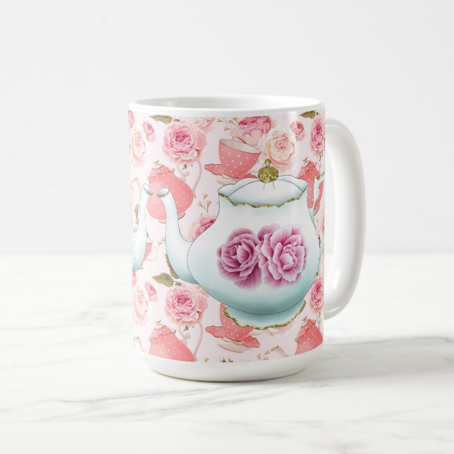 Rosa rosor och tekannor kaffemugg (Framsida höger)