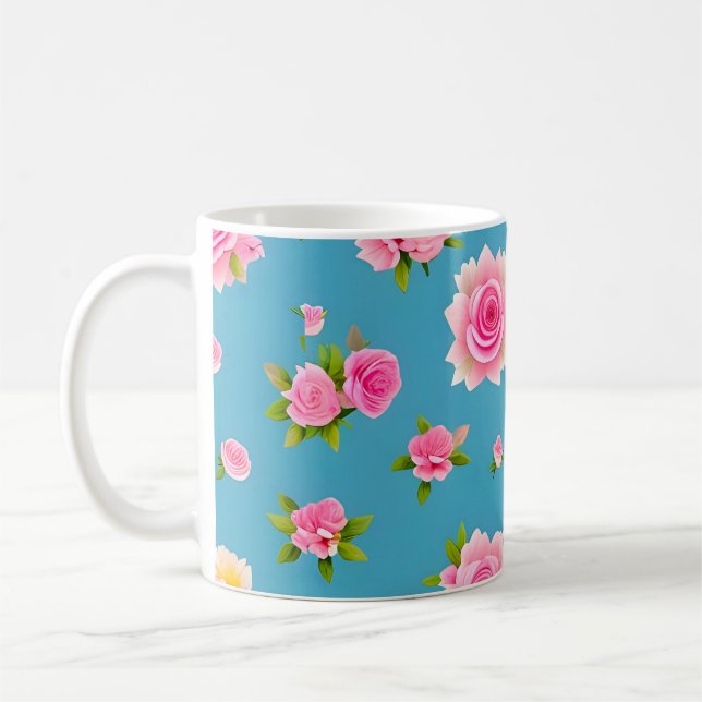 Rosa rosor på en blå bakgrund kaffemugg (Vänster)
