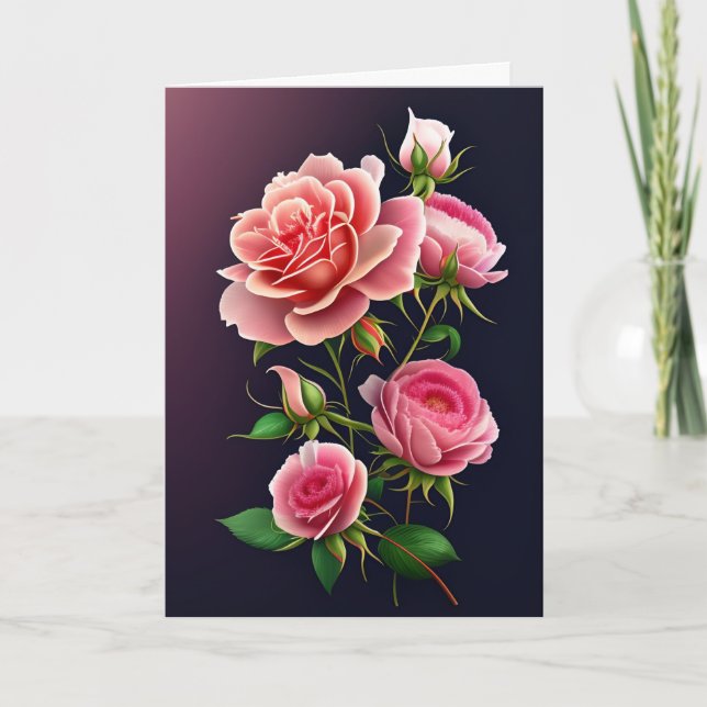 Rosa rosor på gradientlila bakgrund Alla hjärtans  Kort (Framsida)