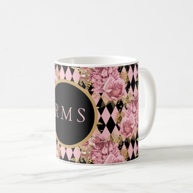 Rosa rosor på Harlequin-monogram   Kaffemugg (Framsida höger)