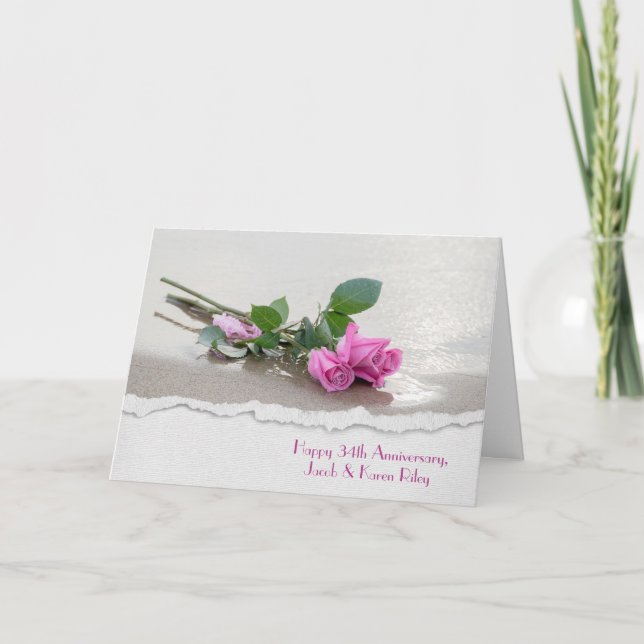 rosa rosor på stranden för bröllopsdag kort (Framsida)