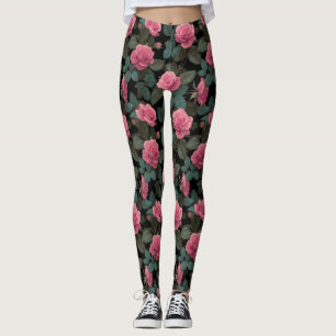 Rosa rosor på svart blommönster leggings