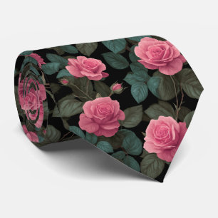 Rosa rosor på svart blommönster slips