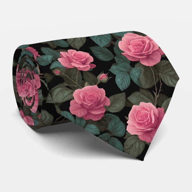 Rosa rosor på svart blommönster slips (Rullad)