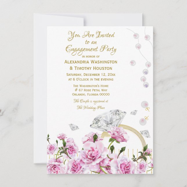 Rosa rosor pärlor diamant ring par engagement inbjudningar (Framsida)
