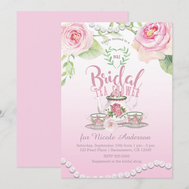 Rosa rosor & pärlor Elegant bröllopste Inbjudningar (Fram/baksida)