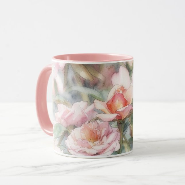 Rosa Rosor Pastell Akvarell Konst Mugg (Framsida vänster)