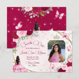 Rosa rosor prinsessa fjäril & foto Quinceanera Spara Datumet