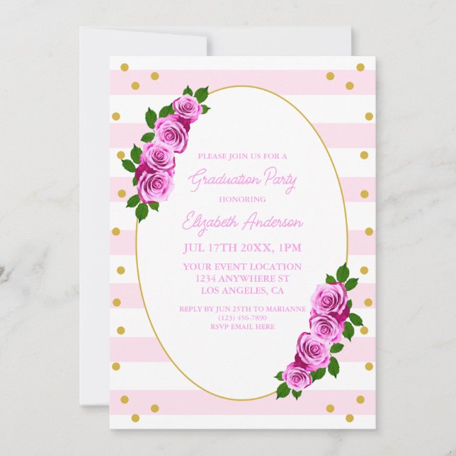 Rosa rosor randiga examensbrunch inbjudningar (Framsida)