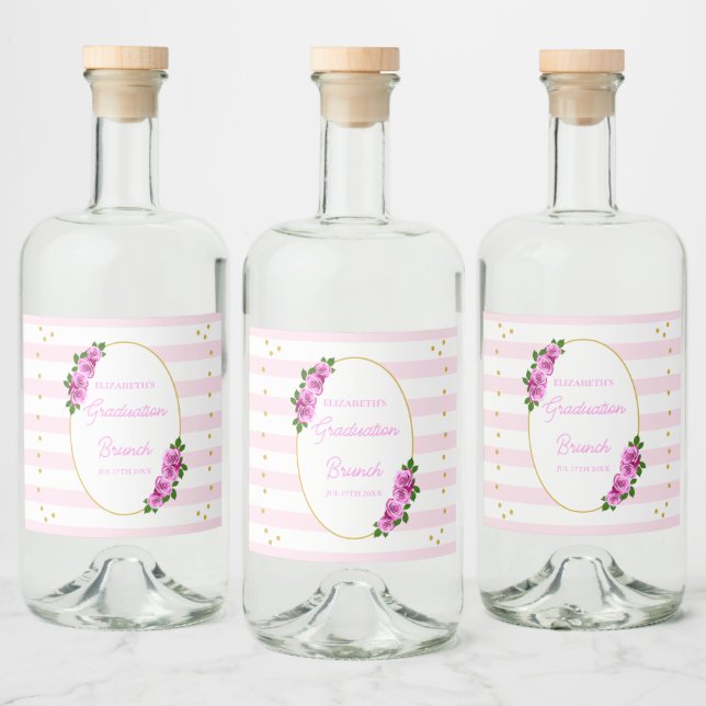 Rosa rosor randiga examensbrunch spritflaskor etikett (Flaskor)