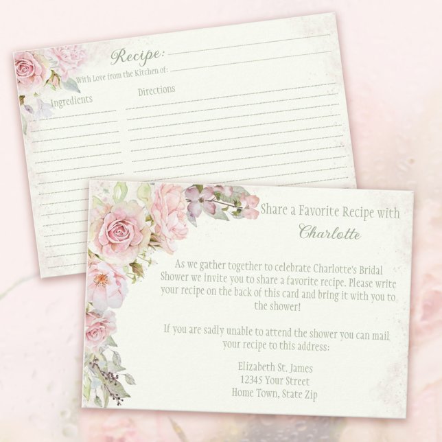 Rosa rosor Sagegrön bröllopsduschrecept Tilläggskort (Pink Roses Bridal Shower Recipe Cards Jade Green. 
Invite the Guests to share a favorite recipe.)