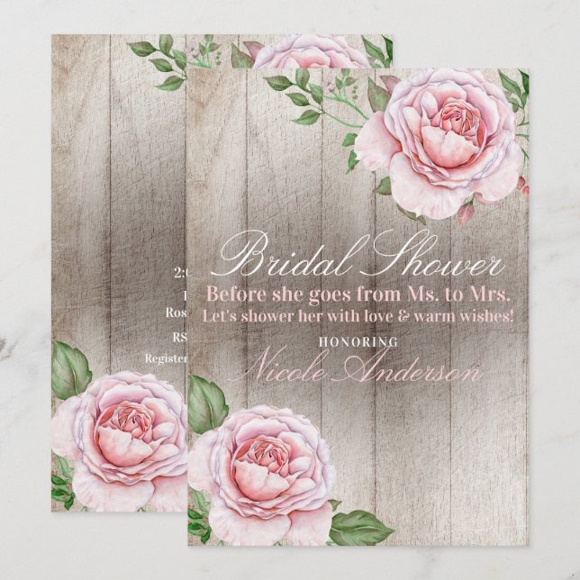 Rosa rosor shabby chic vit rustik bröllopsdusch inbjudningar (Fram/baksida)