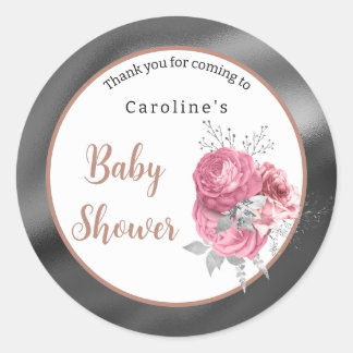 Rosa rosor Silverfolie Baby Shower Tackkort Runt Klistermärke