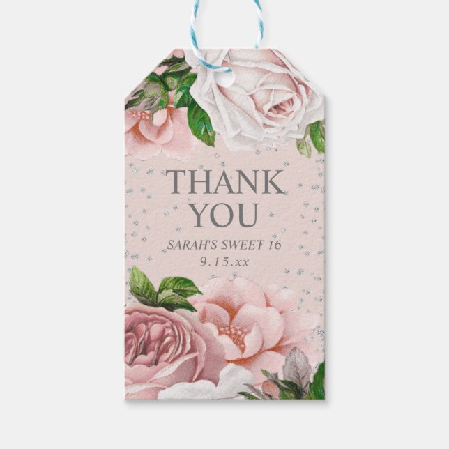 Rosa rosor Silverglitter Sweet 16 Tack Presentetikett (Framsidan)