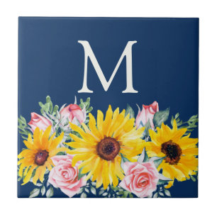 Rosa rosor Solros Navyblå Monogram Kakelplatta