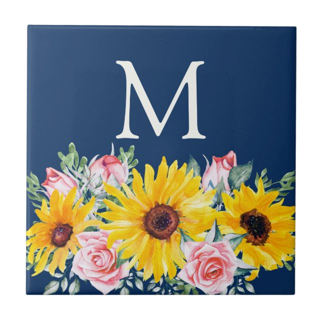 Rosa rosor Solros Navyblå Monogram Kakelplatta (Framsidan)