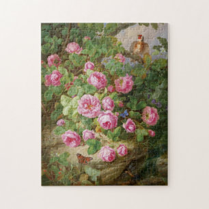 Rosa rosor stilleben fjärilar fågel viktoriansk pussel