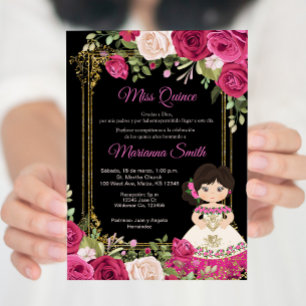 Rosa rosor & svart bakgrund Quinceanera Inbjudningar