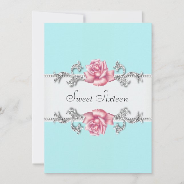 Rosa rosor Tealblå Söt sextonårs födelsedagsfest Inbjudningar (Framsida)