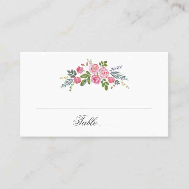 Rosa rosor. Trädgårdsblommor. Blommig bröllopschic Placeringskort (Framsida)