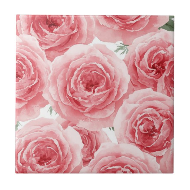Rosa Rosor Vattenfärg Blommig Rosa Kronbladsmönste Kakelplatta (Framsidan)