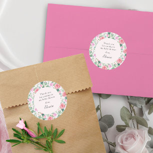 Rosa rosor Vattenfärg Blommig Trädgård Baby Shower Runt Klistermärke