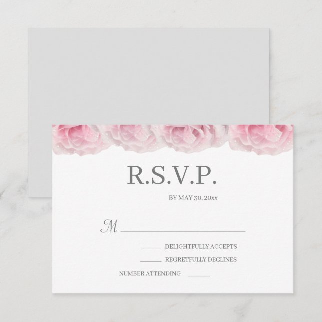 Rosa rosor Vit Grå Elegant Blommig Bröllop RSVP Inbjudningar (Fram/baksida)