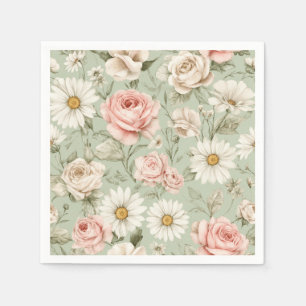 Rosa rosor Vita prästkragar Blommig  Pappersservett