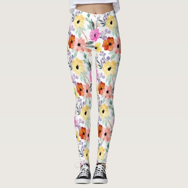 Rosa, rött, Gult Blommigt Blommor Kvinnor Leggings (Framsida)