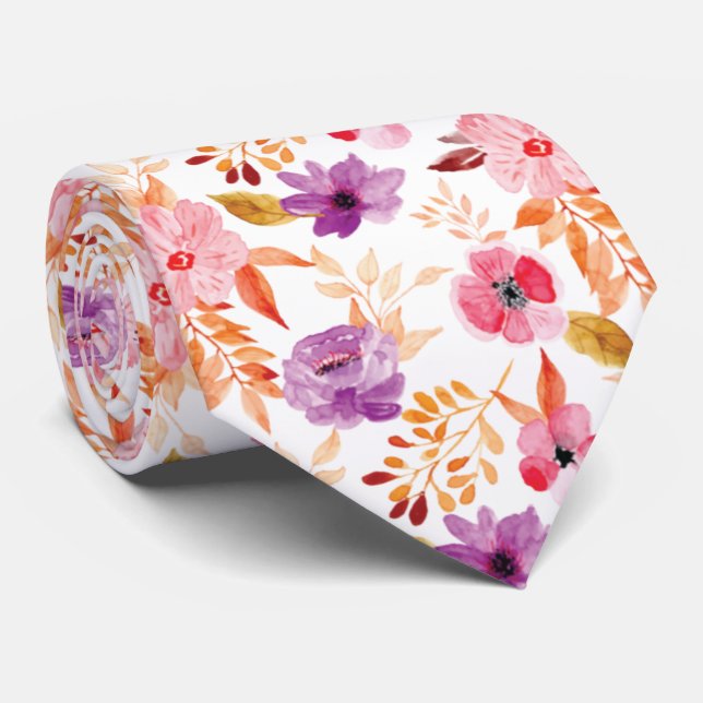 Rosa, rött och Lila vattenfärgsblomma Mönster Slips (Rullad)