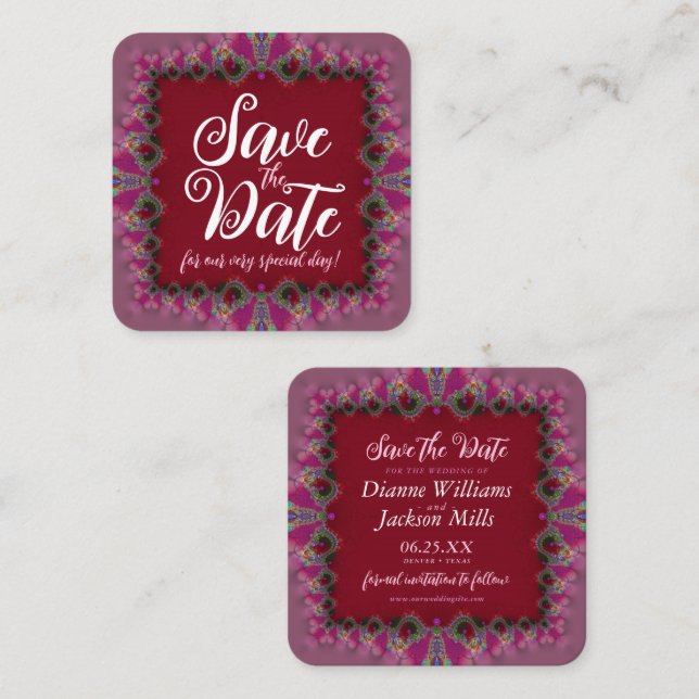 Rosa & rött Snöre-cute Spara datumkort Fyrkantigt Visitkort (Fram/baksida)