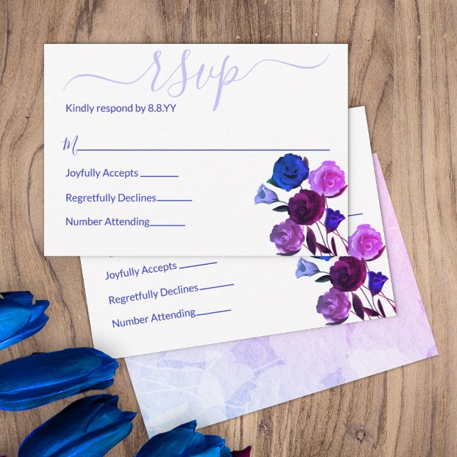 Rosa, Royal Blue, Berry Violet Bröllop Blommigt OS Rådkort (berry purple dark blue wine wedding color palette rsvp enclosure cards reply response botanical rose)