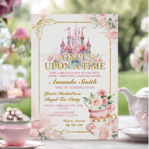 Rosa Royal Castle Princess Tea Party 4e födelsedag Inbjudningar