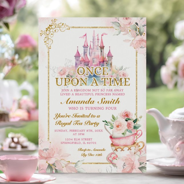 Rosa Royal Castle Princess Tea Party 4e födelsedag Inbjudningar (Skapare uppladdad)