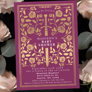Rosa Royal Medieval Guld Sword Girl Baby Shower Inbjudningar