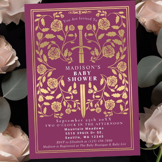 Rosa Royal Medieval Guld Sword Girl Baby Shower Inbjudningar (Skapare uppladdad)