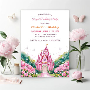 Rosa Royal Princess Castle 1st Birthday Party Inbjudningar