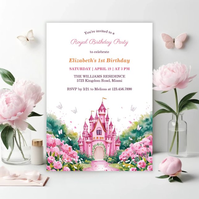 Rosa Royal Princess Castle 1st Birthday Party Inbjudningar (Pink Royal Princess Castle 1st Birthday Party Invitation)