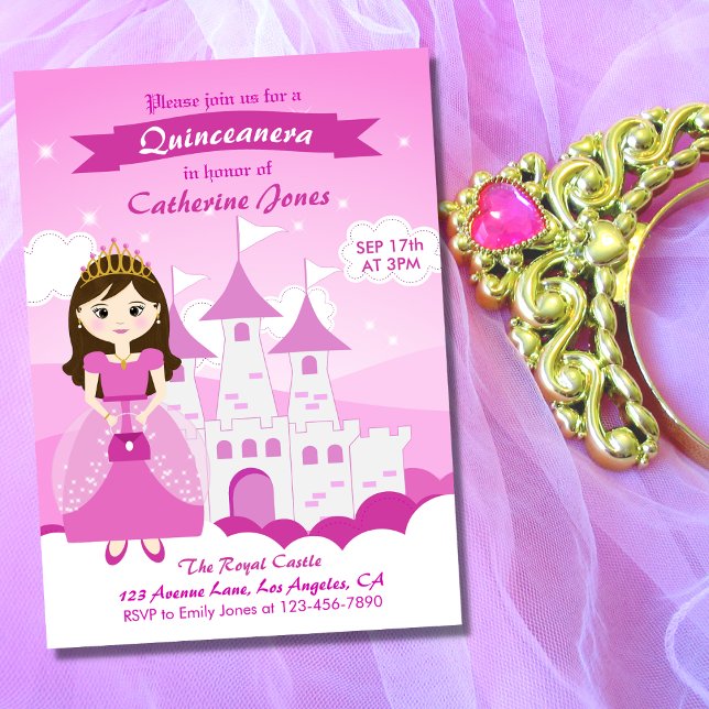 Rosa Royal Princess Castle Girl Quinceanera Inbjudningar (Skapare uppladdad)