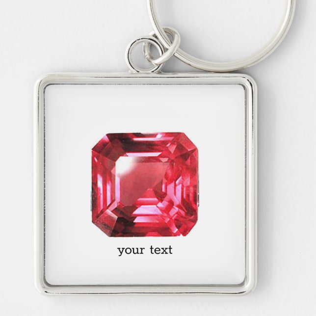 Rosa Ruby Gemstone Fyrkantig Silverfärgad Nyckelring (Framsidan)