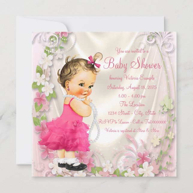 Rosa Ruffle Dress och Pearls Girl Baby Shower Inbjudningar (Framsida)