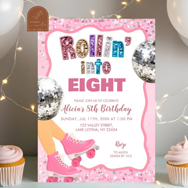 Rosa rullskridsko glitter sekvens födelsedag inbjudningar (Skapare uppladdad)