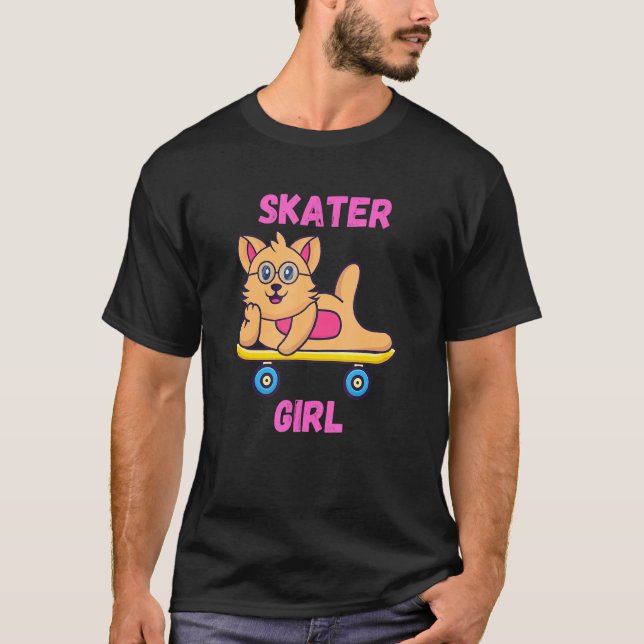 Rosa rullskridskoåkande katt flicka t shirt (Framsida)