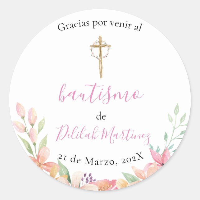 Rosa runda baptism-dekal runt klistermärke (Framsida)