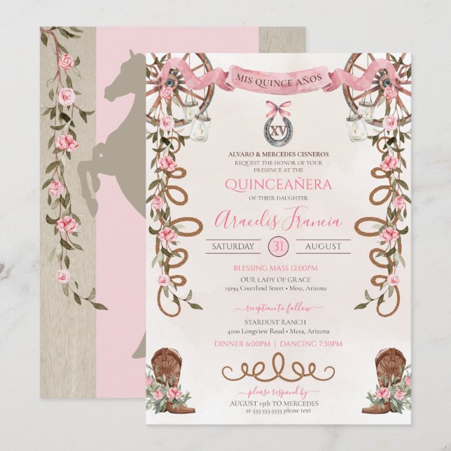 Rosa Rustic Boho Western Charra Quinceanera Inbjudningar (Fram/baksida)